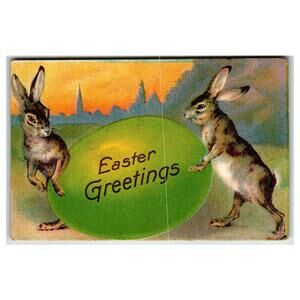 Vintage Easter Greetings Postcard Two Rabbits Pushing Large Green Egg German
